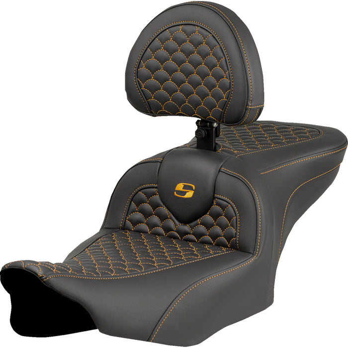 SADDLEMEN 0801-2076 823-07-208B7 Dragon Scale Stitch Roadsofa™ Seat Roadsofa™ Seat - Dragon Scale Stitch - Gold Stitch - w/ Backrest - FLTR/FLHX '23-'24