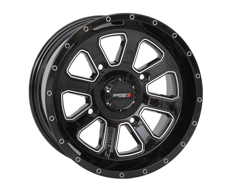 System 3 ST4 Wheel 14X7 4+3 (+10MM) 4/137 Gloss Black Machined - 14S3-4137 For Honda Pioneer 2016-2023 | Bombardier Outlander 2003-2006