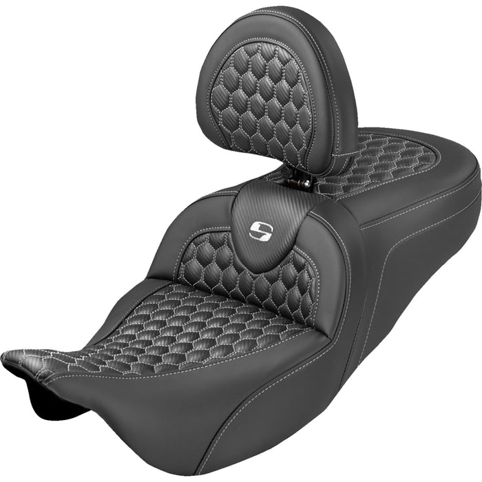SADDLEMEN 0801-2373 808-07B-190B6 Extended Reach RoadSofa™ Seat honeycomb - white stitch - with backrest - flh/flt '08-'25