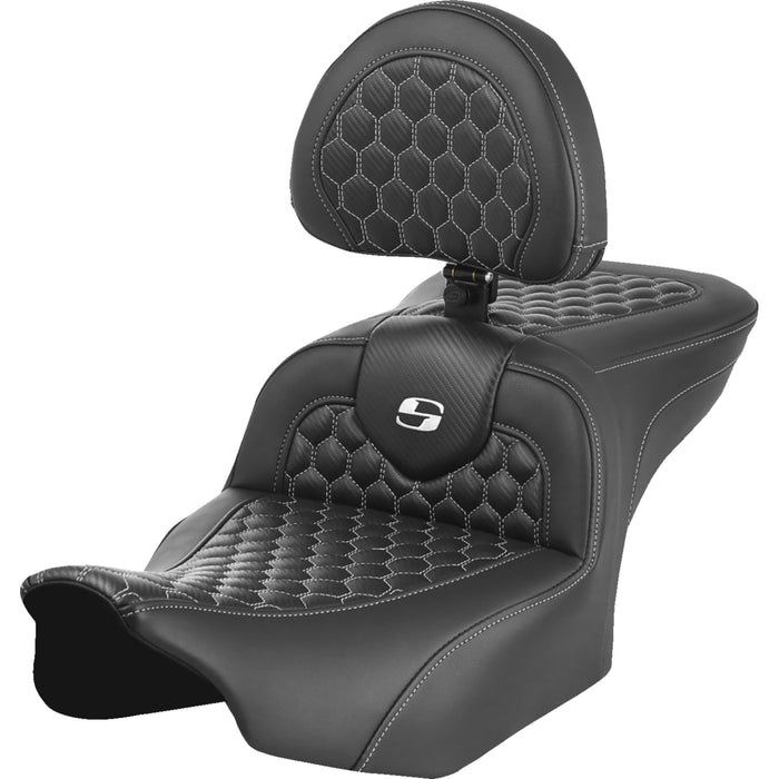 SADDLEMEN 0801-1754 823-07-189B6 Roadsofa™ Seat - with Backrest - Honeycomb - White Stitch - FLTR/FLHX 23-24