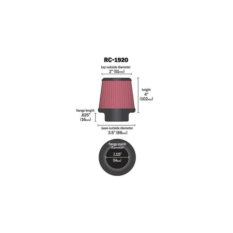 K & N 791920 RC-1920 AIR FILTER UNIVERSAL 54MM FLANGE