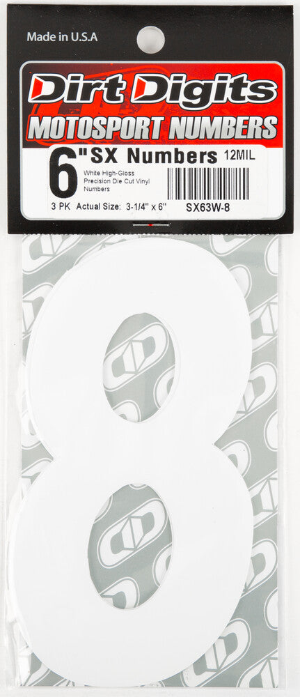 Dirt Digits 09-6508 SX63W-8 #8 6" WHITE SUPER X DIGITS 3/PK