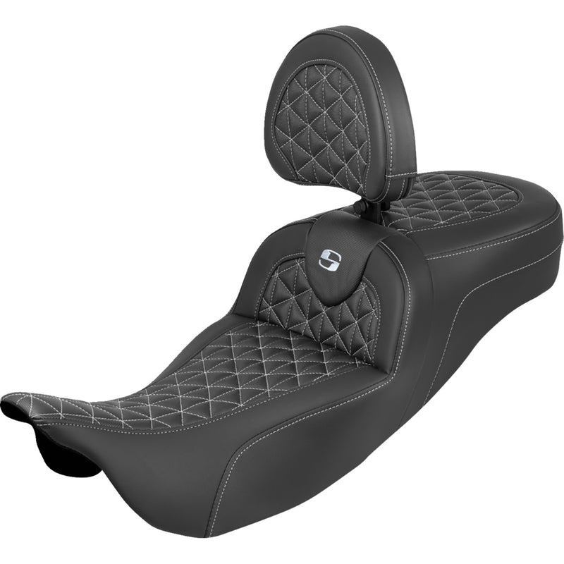 Saddlemen RoadSofa™ Tri Gripper Seat Standard Reach Silver Stitch W Backrest Flh Flt - 808-07B-211B5 For Harley Touring 2008-2025