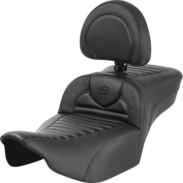 SADDLEMEN 0801-1778 823-07-205B0 Roadsofa™ Extended Reach Seat - with Backrest - Tuck-n-Roll - Carbon Fiber - FLTR/FLHX 23-24