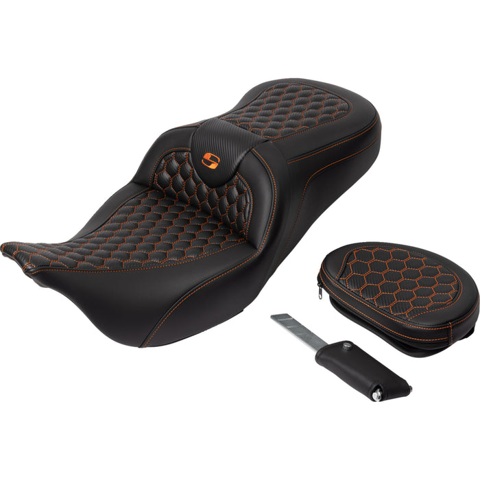 SADDLEMEN 0801-1645 A808-07R-189ORA Honeycomb Roadsofa™ Seat - Orange Stitch - with Backrest - FLH/FLT '08-'23