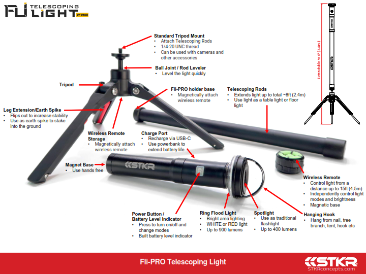 Stkr FLI-PRO Telescoping Light 8' With Removable Flashlight - 12679