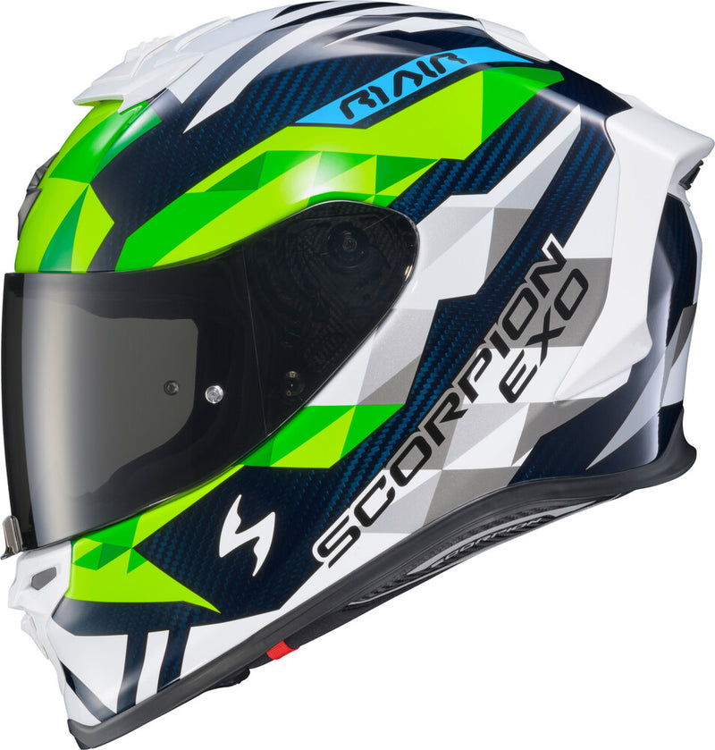 Scorpion Exo 75-13662X R1C-2107 EXO-R1 AIR FULL FACE HELMET CARBON RASTOR WHT/GRN/BLUE 2X