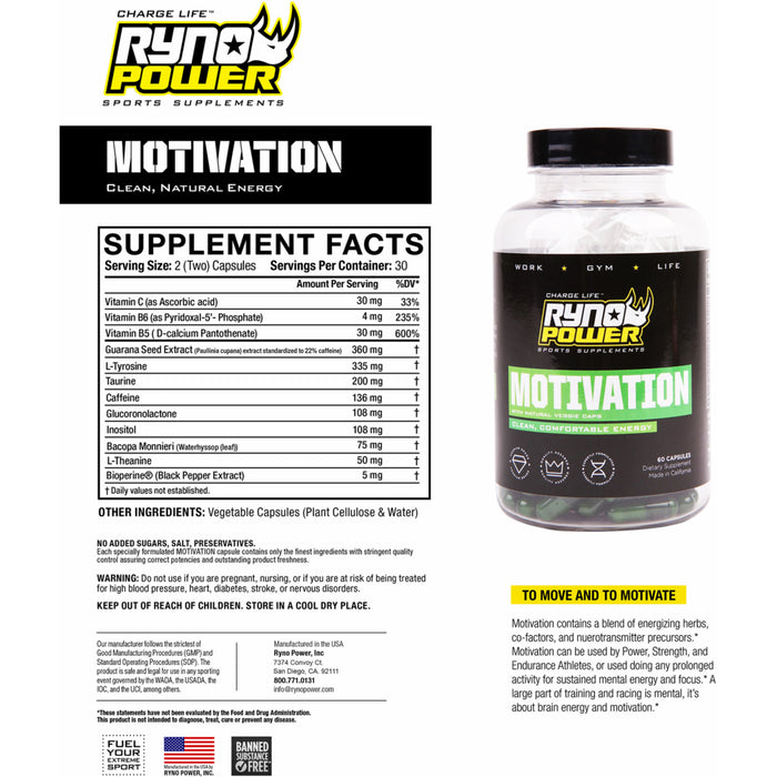 RYNO POWER 5101-0008 MOT882 Motivation Pre-Workout Focus Energy Supplement Motivation Capsules - 60 ct. Bottle