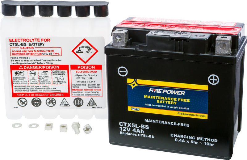 Fire Power Battery Maintenance Free - CTX5L-BS For Polaris Predator / Scrambler / Sportsman / Outlaw 2003-2022 | Kymco Mongoose 2004-2009