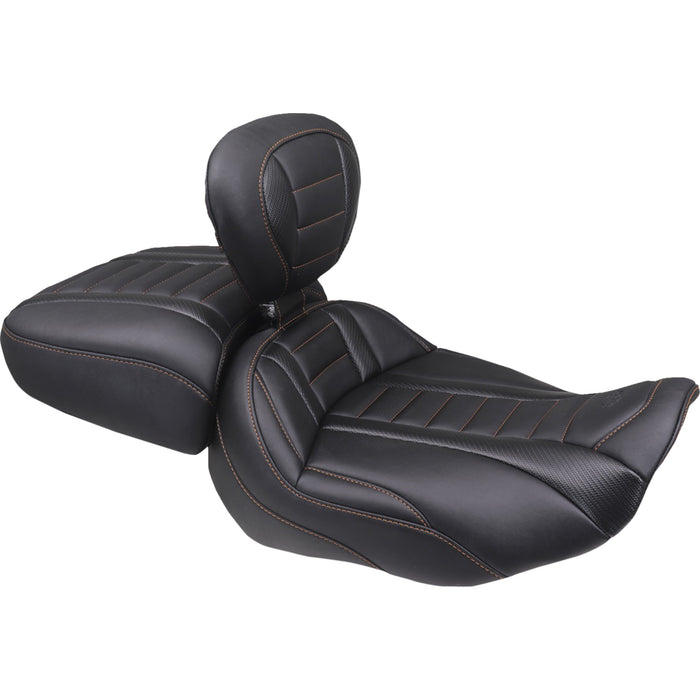MUSTANG 0801-2161 89401MO Deluxe Touring Solo Seat w/ backrest - mandarin orange stitch - flt/flh '23-'25