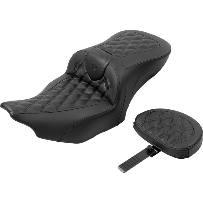 SADDLEMEN 0801-1786 823-07-206B0 Roadsofa™ Lattice Black Stitch Seat  with Backrest - Carbon Fiber - Lattice Stitch - FLTR/FLHX 23-24