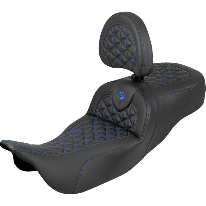 SADDLEMEN 0801-2205 808-07B-211B1 RoadSofa™ Tri Gripper Seat standard reach - blue stitch - w/ backrest - flh/flt '08-'25