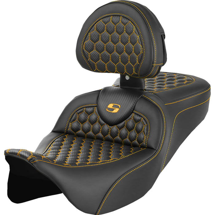 SADDLEMEN 0801-1646 A808-07R-189GOL Honeycomb Roadsofa™ Seat - Gold Stitch - with Backrest - FLH/FLT '08-'23