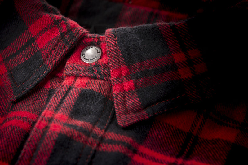 Detail shot of collar on the Marksman Flannel in red and black 