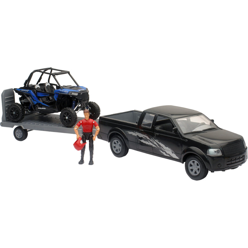 NEW RAY TOYS 7001-0081 SS-37426E Pick Up Truck with UTV Pick Up Truck w/ Polaris RZR XP1000 - 1:18 Scale - Black/Blue