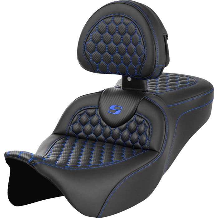 SADDLEMEN 0801-1644 A808-07R-189BLU Honeycomb Roadsofa™ Seat - Blue Stitch - with Backrest - FLH/FLT '08-'23