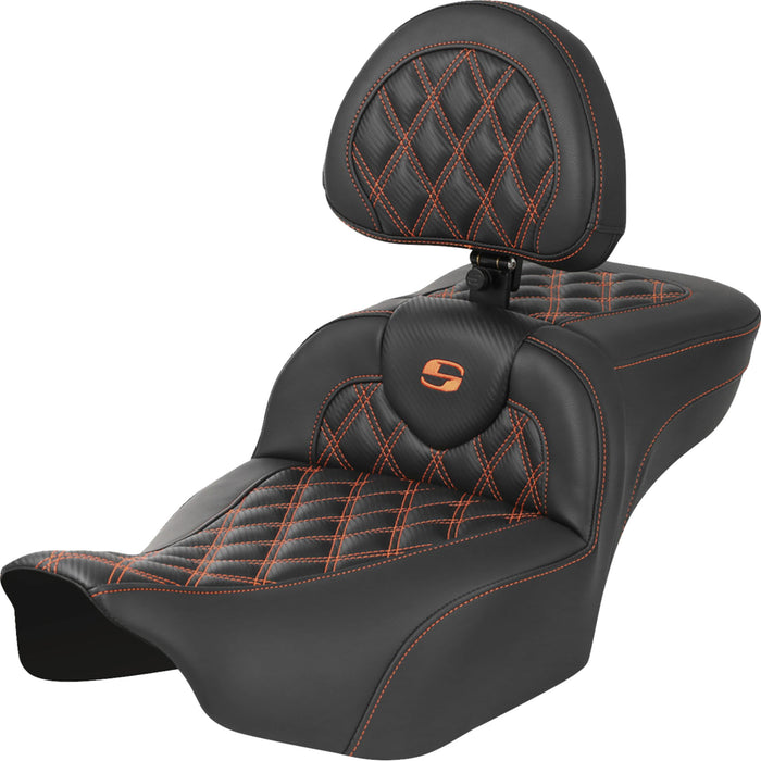 SADDLEMEN 0801-1804 823-07-207B3 Roadsofa™ Extended Reach Seat - with Backrest -Carbon Fiber Orange Lattice Stitch  - FLTR/FLHX 23-24