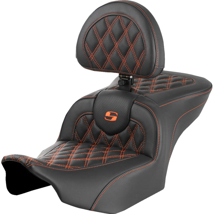 SADDLEMEN 0801-1721 823-07-182B3 Roadsofa™ Lattice Stitch Seat - with Backrest - Lattice Stitch - Orange Stitch - FLTR/FLHX 23-24