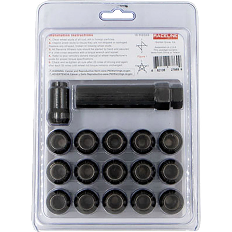 RACELINE WHEELS 0223-0277 RLUG-CS120B Spline Lug Nut Kit with Spline Key Lug Nuts - Spline Socket - 1/2"-20 - with Spline Key - Black - 16 Pack