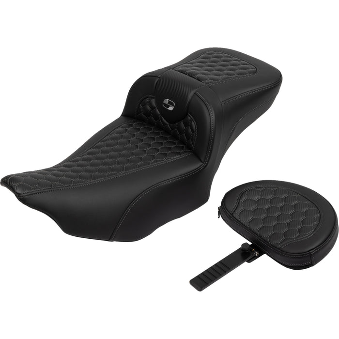 SADDLEMEN 0801-1764 823-07-190B2 Roadsofa™ Extended Reach Seat - with Backrest - Honeycomb - Dark Gray Stitch - FLTR/FLHX 23-24