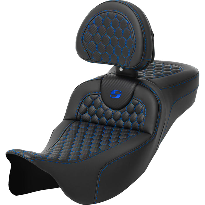 SADDLEMEN 0801-1652 A808-07R-190BLU Honeycomb Roadsofa™ Seat - Blue Stitch - with Backrest - Extended Reach - FLH/FLT '08-'23