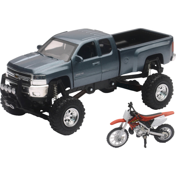 NEW RAY TOYS 7001-0040 SS-54426 Offroad Pick Up Truck with Dirt Bike Chevrolet Silverado Offroad Pick Up w/ Honda Dirt Bike - 1:32 Scale - Gray/Black/Red