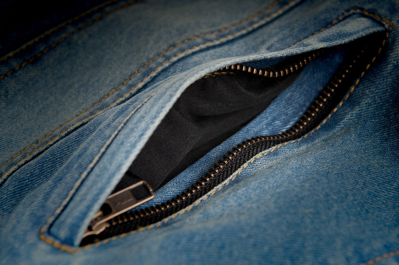 Zipper detail shot of Front angle of blue Iron Sights Club Collar Denim Vest