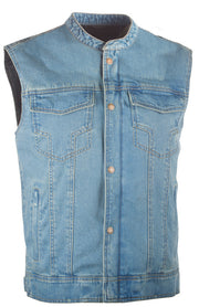 Front angle of blue Iron Sights Club Collar Denim Vest
