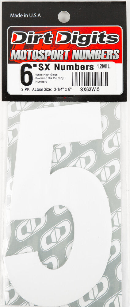 Dirt Digits 09-6505 SX63W-5 #5 6" WHITE SUPER X DIGITS 3/PK