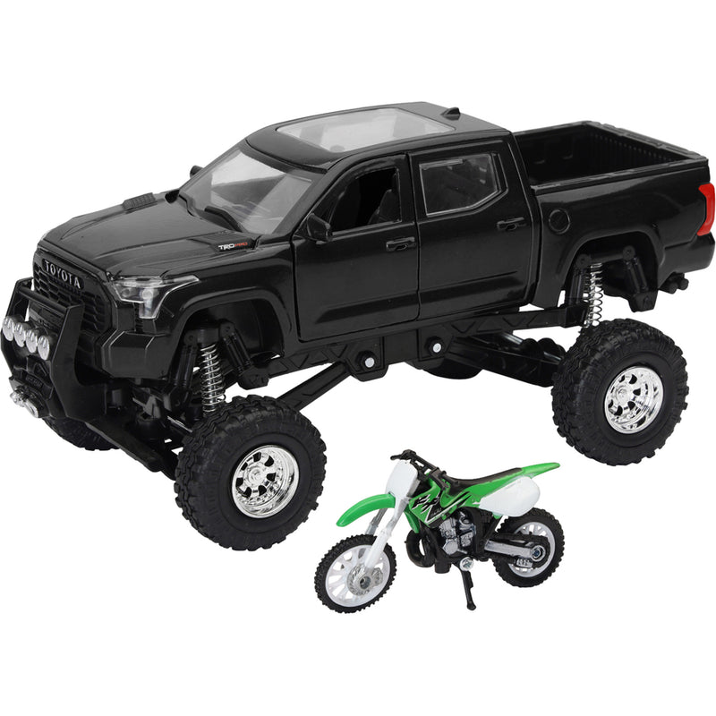 NEW RAY TOYS 7001-0114 SS-54446 Mini Pick Up Truck with Dirt Bike Toyota Tundra Off Road Pick Up w/ Kawasaki Dirt Bike - 1:32 Scale - Black/Green