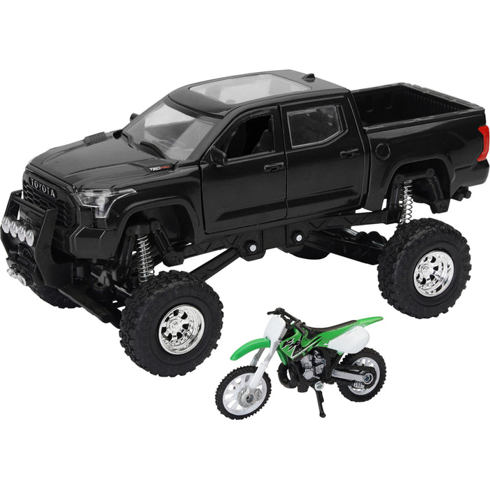 NEW RAY TOYS 7001-0114 SS-54446 Mini Pick Up Truck with Dirt Bike Toyota Tundra Off Road Pick Up w/ Kawasaki Dirt Bike - 1:32 Scale - Black/Green