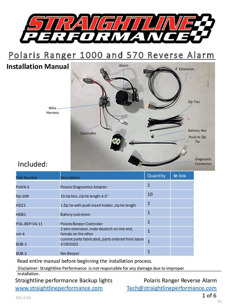 Straightline Performance Automatic Backup Beeper Kit POL - 287-120 Polaris Ranger 2015-2026