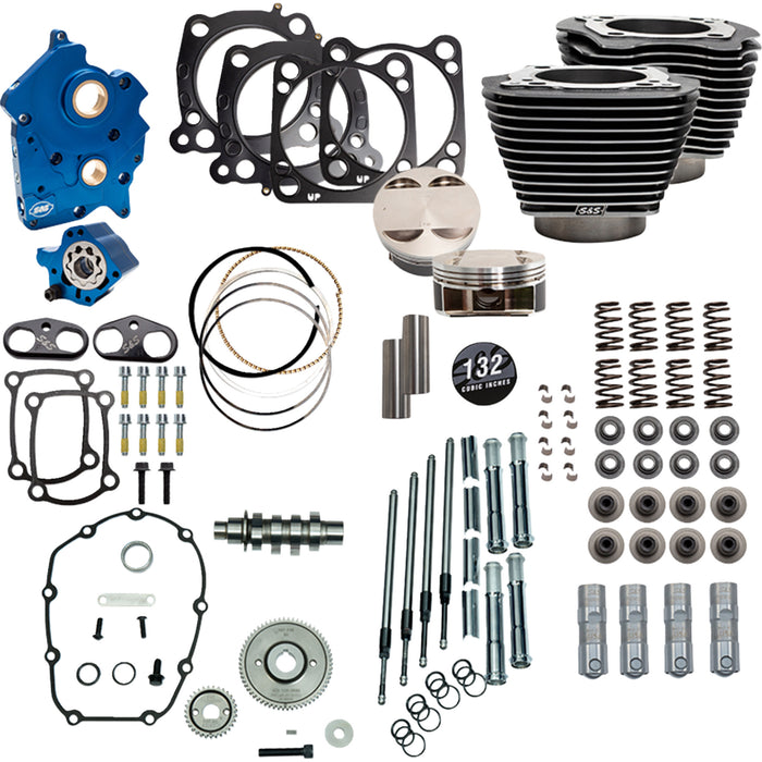 S&S CYCLE 0904-0154 310-1238C Power Package Engine Performance Kit 132" Power Pack - 550 Gear Drive - Oil Cooled - Black Granite w/Highlight Fins - M8
