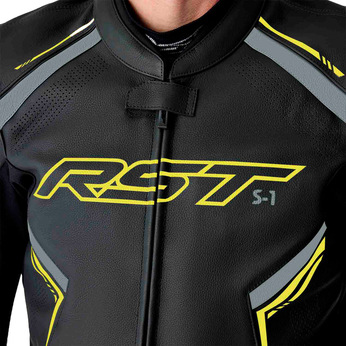 Rst 556-3605244 103605F.YEL-44 S1 D3O LEATHER JACKET BLK/GRY/FLO YEL LG