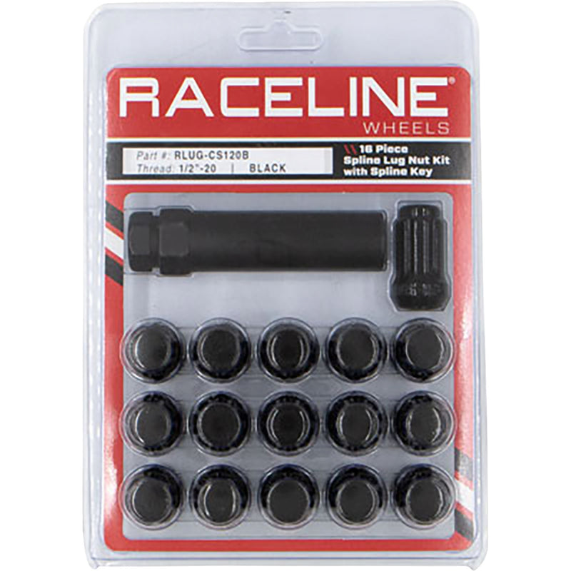 RACELINE WHEELS 0223-0277 RLUG-CS120B Spline Lug Nut Kit with Spline Key Lug Nuts - Spline Socket - 1/2"-20 - with Spline Key - Black - 16 Pack