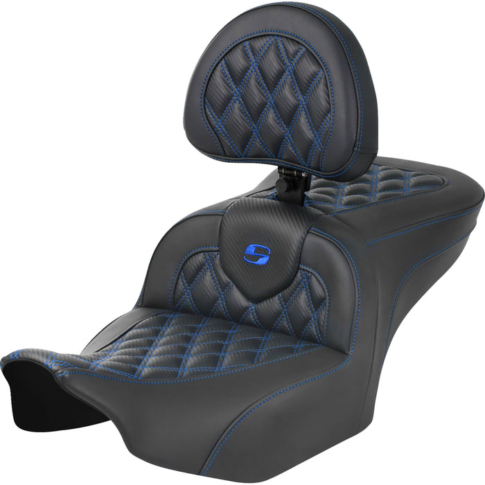 SADDLEMEN 0801-1787 823-07-206B1 Roadsofa™ Lattice Stitch Seat - with Backrest - Carbon Fiber - Lattice Stitch - Blue Stitch - FLTR/FLHX 23-24