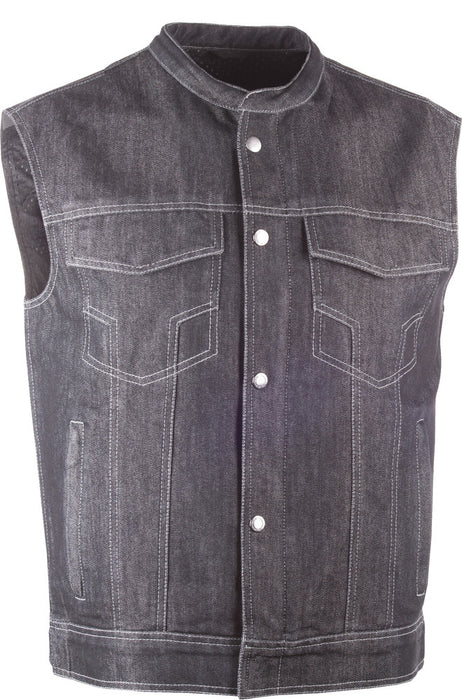 Front angle of black Iron Sights Club Collar Denim Vest