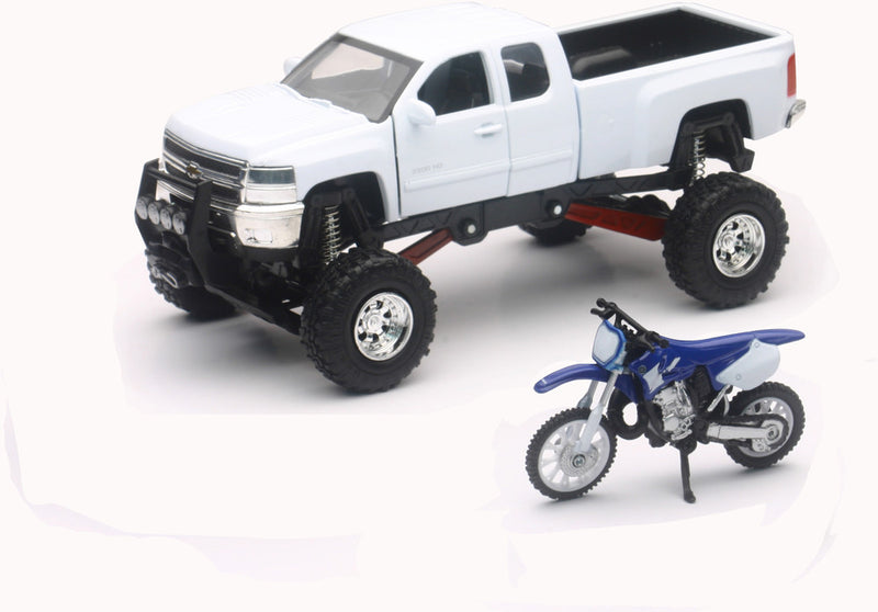 New Ray Toys 959-0117 SS-54416 REPLICA 1:43 TRUCK/RACE BIKE CHEVY WHITE/YAMAHA BIKE BLUE