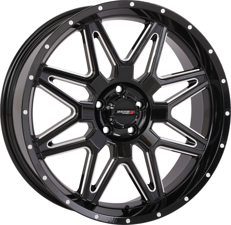 System 3 3-207255 20S3-7255 ST7 WHEEL 20X7 4+3 (+10MM) 5/4.5 GLOSS BLACK MILLED