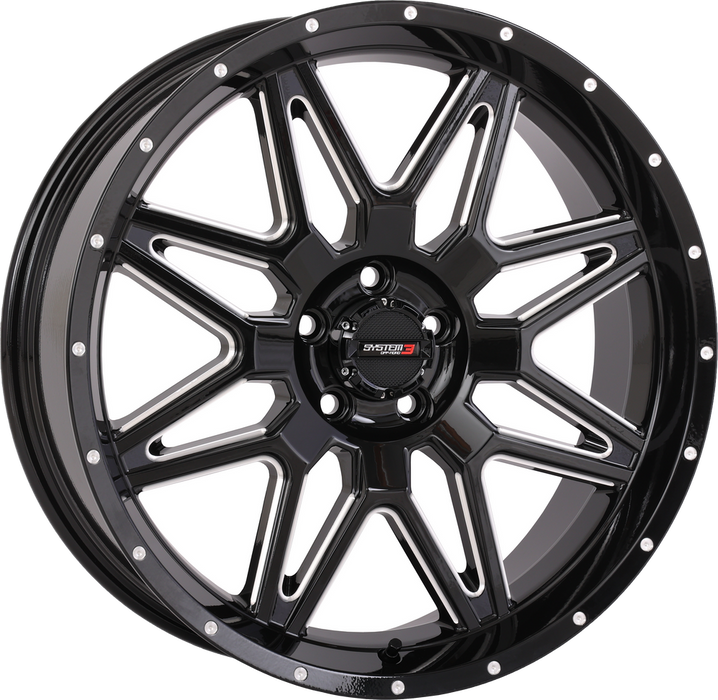 System 3 3-207255 20S3-7255 ST7 WHEEL 20X7 4+3 (+10MM) 5/4.5 GLOSS BLACK MILLED