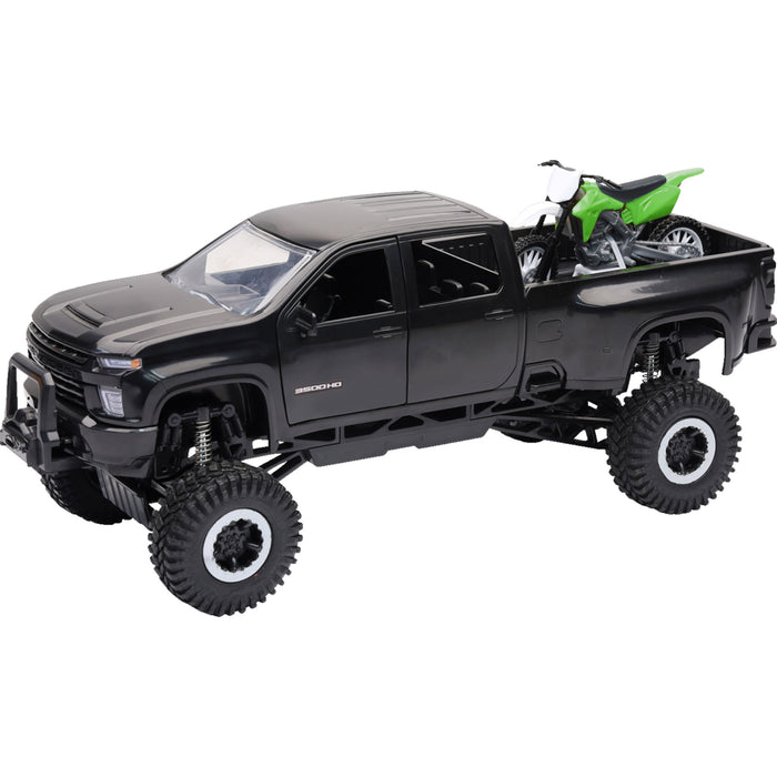 NEW RAY TOYS 7001-0075 SS-37596 Offroad Pick Up Truck with Dirt Bike Chevrolet 3500HD Offroad Pick Up w/ Dirt Bike - 1:32 Scale - Black/Green