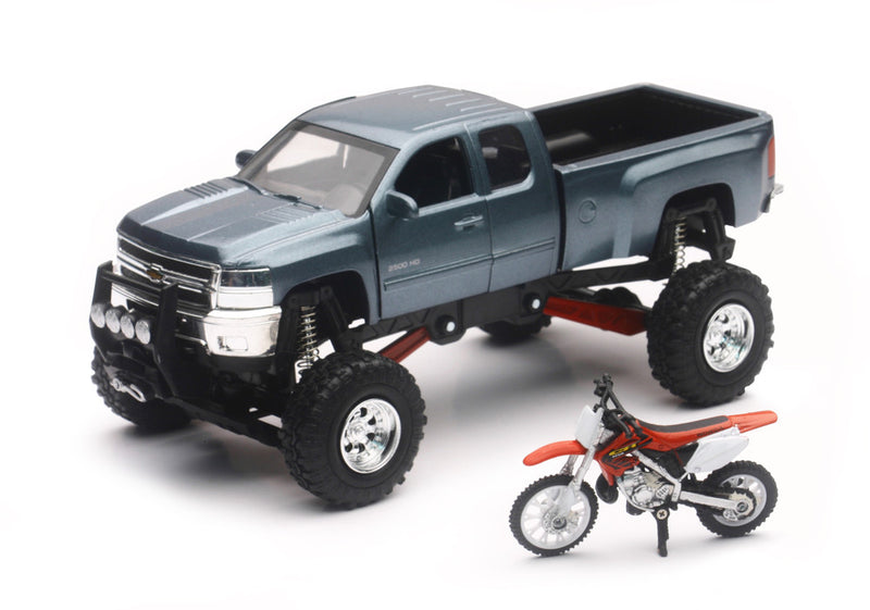 New Ray Toys 959-0118 SS-54426 REPLICA 1:43 TRUCK/RACE BIKE CHEVY GREY/HONDA BIKE RED