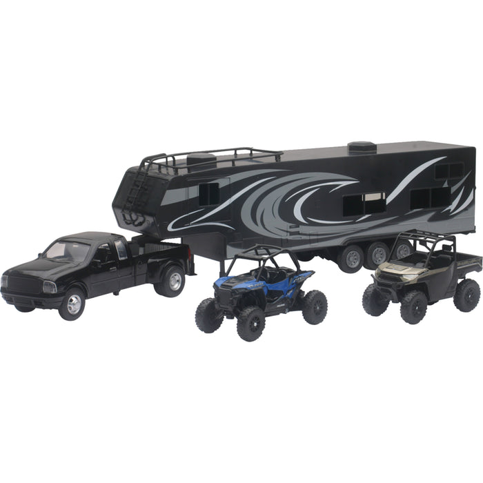 NEW RAY TOYS 7001-0082 37046 Pick Up Toy Hauler with Vehicles Set Pick Up Toy Hauler w/ Polaris Vehicles Set - 1:18 Scale - Black/Blue/Red