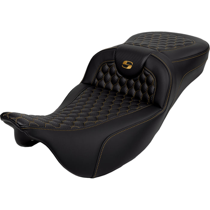 SADDLEMEN 0801-1650 A808-07B-190GOL Honeycomb Roadsofa™ Seat - Gold Stitch - Extended Reach - without Backrest - FLH/FLT '08-'23