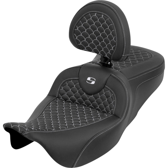 SADDLEMEN 0801-2278 808-07B-208B6 Dragon Scale Stitch RoadSofa™ Seat Roadsofa™ Seat - Dragon Scale - White Stitch - with Backrest - Touring '08-'25
