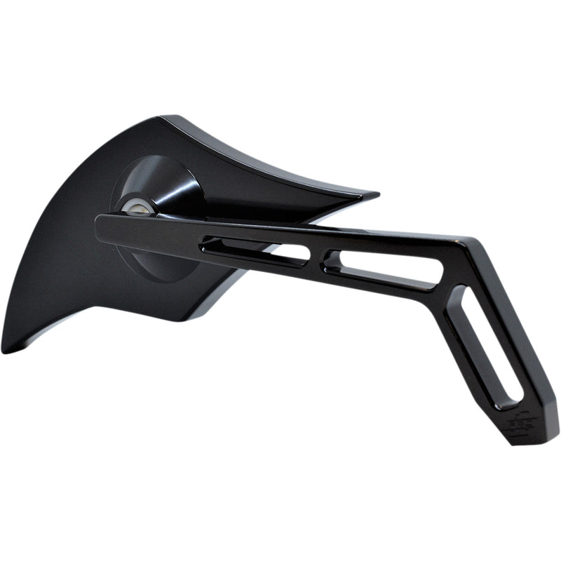 PRO-ONE PERF.MFG. 0640-1437 102301AB Billet Aluminum Mirror Mirror - Weekend Warrior - Side View - Cut-Out/Flame Head - Oblong - Black - Right