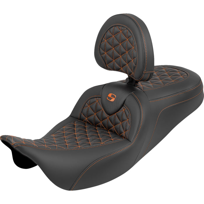 SADDLEMEN 0801-2214 808-07B-210B3 RoadSofa™ Tri Gripper Seat standard reach - orange stitch - w/ backrest - flh/flt '08-'25