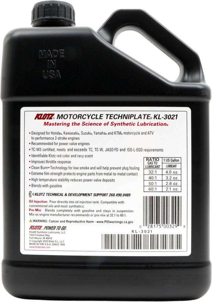 Klotz Oil 842-0181 KL-3021 MOTORCYCLE TECHNIPLATE 2T SYNTHETIC TC-W3 1 GAL 4/CASE