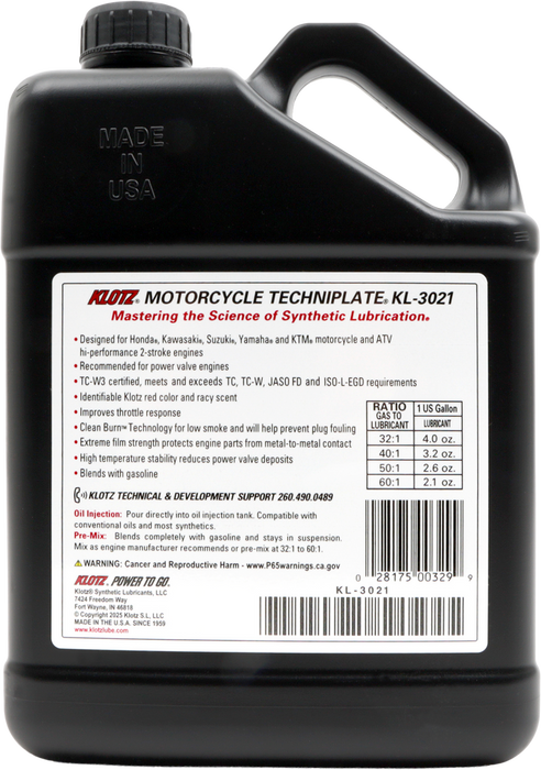 Klotz Oil 842-0181 KL-3021 MOTORCYCLE TECHNIPLATE 2T SYNTHETIC TC-W3 1 GAL 4/CASE