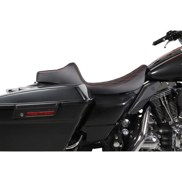 DRAG SPECIALTIES 0801-1371 Extended Reach Predator III Seat - Double Diamond - Black w/ Red Stitching - FL '99-'07